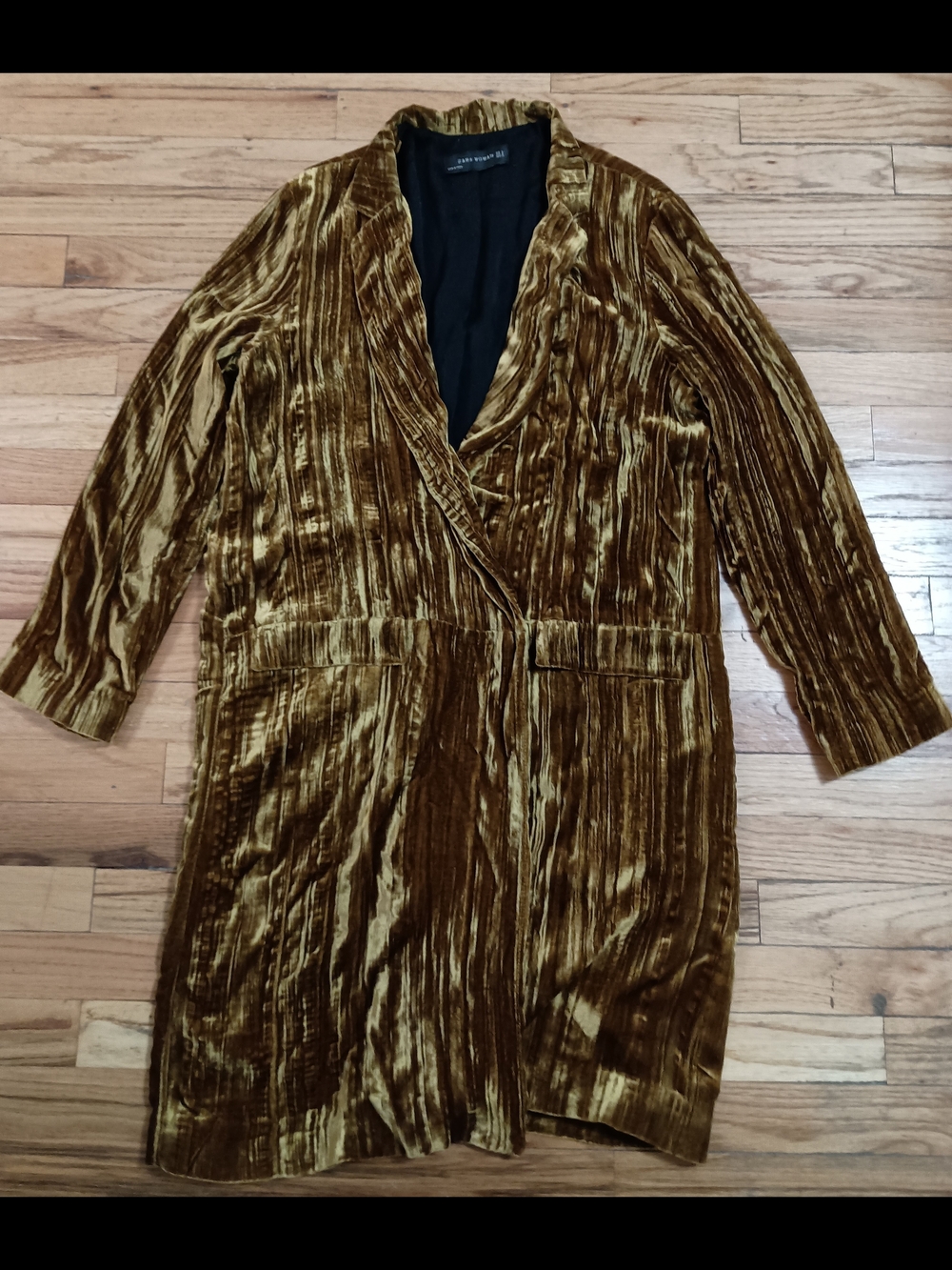Zara Mustard Yellow Gold Crushed Velvet Frock Coat Duster Jacket Women US Medium
